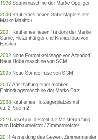 1998 Spannmaschine der Marke Oppliger 2000 Kauf eines neuen Gabelstaplers der Marke Manitou 2001 Kauf eines neuen Traktors der Marke Same, Holzanhänger und Kranaufbau von Epsilon 2002 Neue Formatkreissäge von Altendorf. Neue Hobelmaschine von SCM 2005 Neue Spindelfräse von SCM 2007 Anschaffung einer mobilen Entrindungsmaschine der Marke Balz 2008 Kauf eines Holzlagerplatzes mit ca. 2. 5oo m2 2010 Josef jun. besteht die Meisterprüfung zum Holzbaumeister / Zimmermeister 2011 Anmeldung des Gewerk Zimmermeister